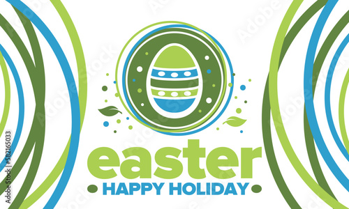 Happy Easter in April. Christian spring holiday in honor of the resurrection of Christ. Biblical history. Traditional dyeing eggs with patterns, fun game for children searching for easter eggs. Vector