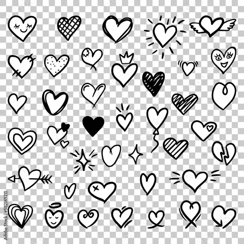 Set of hand drawn heart. Collection of doodle sketch hearts hand drawn with black ink. Vector illustration isolated on transparent background. EPS 10