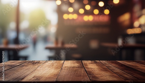 Empty old wood table top and blurred bokeh cafe and coffee shop interior background. Generative AI.