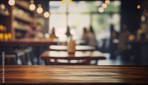 Empty wooden table space platform and blurry defocused restaurant interior. Generative AI.