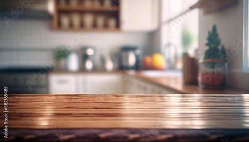 Wood table top on blur kitchen counter background. Generative AI.