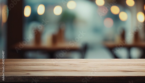 Empty rustic wood table and blurred soft light table in restaurant with bokeh background. Generative AI.