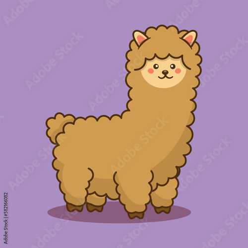 alpaca llama standing cute cartoon vector illustration, animal kawaii