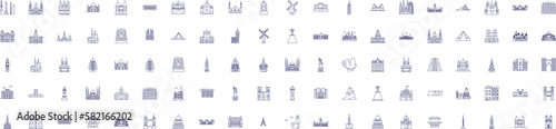 Landmarks line icons signs set. Design collection of Monuments, Statues, Structures, Buildings, Palaces, Ruins, Temples, Architecture outline concept vector illustrations