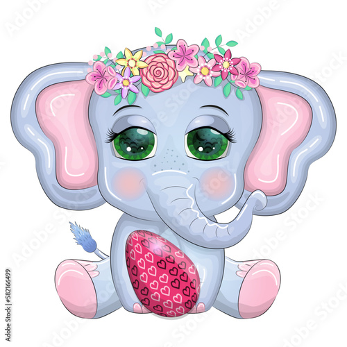 Cute cartoon elephant, childish character with beautiful eyes holding easter egg