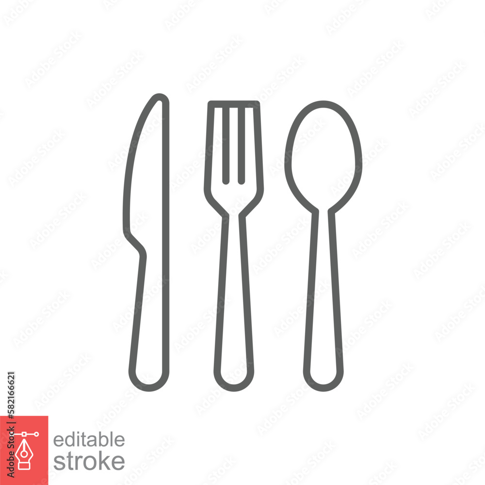 Cutlery line icon. Simple outline style. Flatware, spoon, fork, steak knife, plate, restaurant concept. Vector illustration isolated on white background. Editable stroke EPS 10. Cutlery line icon. Simple outline style. Flatware, spoon, fork, steak knife, plate, restaurant concept. Vector illustration isolated on white background. Editable stroke EPS 10.
