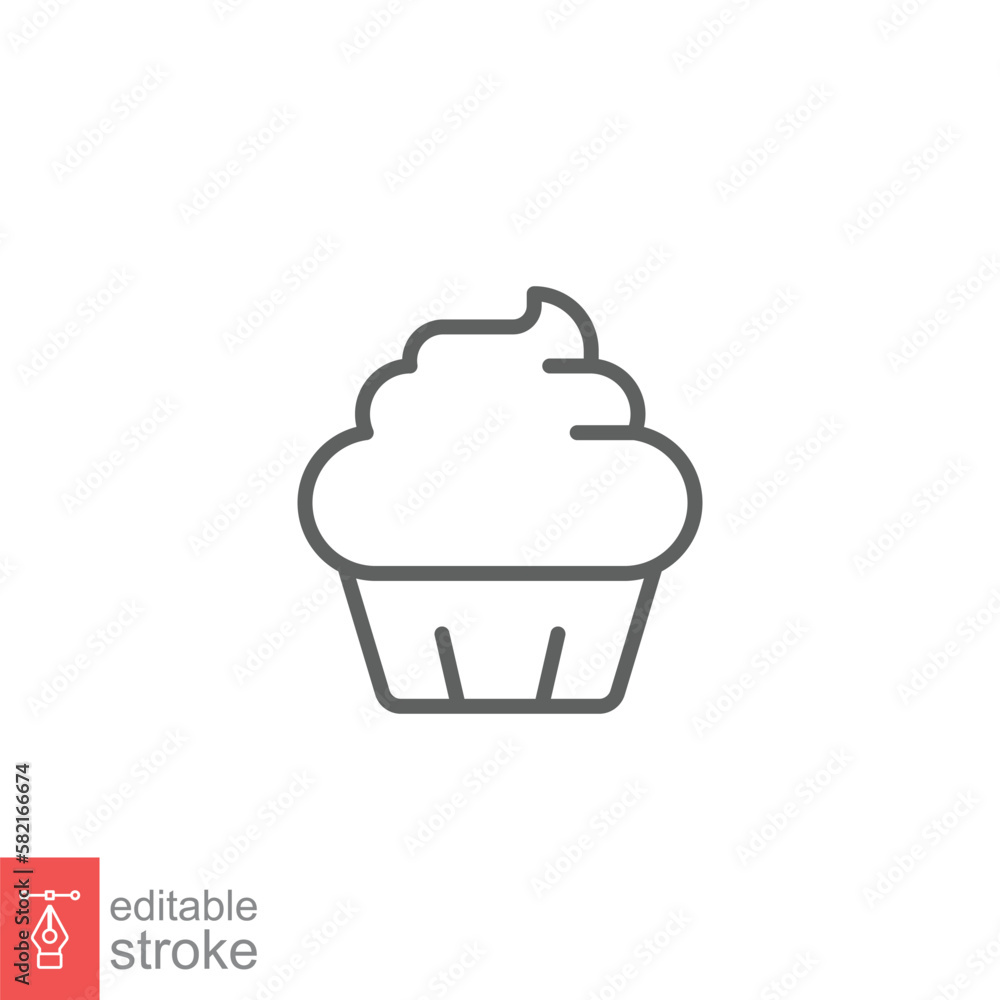 Cupcake icon. Simple outline style. Bakery, cake, dessert, muffin, kitchen, restaurant concept. Thin line symbol. Vector illustration isolated on white background. Editable stroke EPS 10.