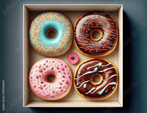 Donuts pastry sweet and colorful donuts cakes in box, top view. Generative AI.