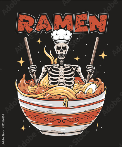 Skeleton relaxing in a bowl of Ramen. Japanese food Illustration for T shirt print