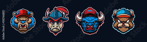 Cartoon animal head, red and blue sport logo collection with white outlined. Angry face of grizzly, horse, bison and beaver characters. Sport team mascot set. Vector illustration
