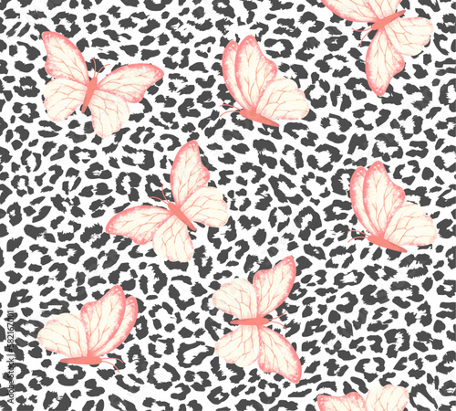 Canvas Print Pink butterflies on leopard skin pattern, seamless illustration for fashion, fab