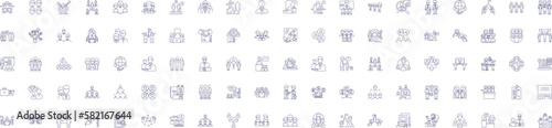 Company conference line icons signs set. Design collection of Convention, Event, Forum, Meeting, Gathering, Seminar, Summit, Symposium outline concept vector illustrations