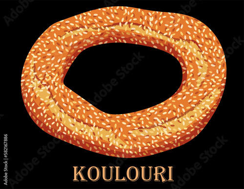 Traditional Greek cuisine. Freshly baked round bread roll from Thessaloniki (Koulouri) with sesame. Food vector illustration on white background.