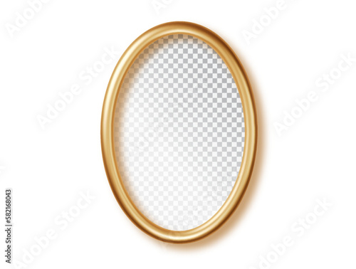 Oval Gold frames with an empty space inside and shadows isolated. Golden luxury realistic border.