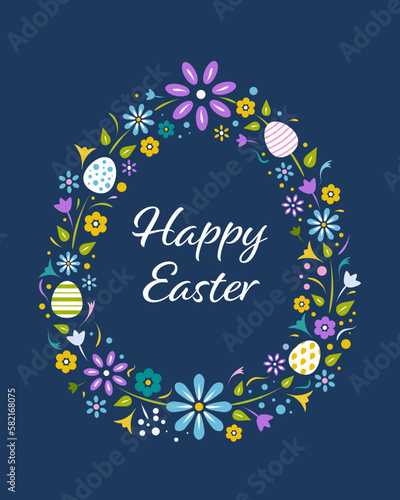 Happy easter greeting card with colorful easter eggs and flowers on navy blue background. Vector design.