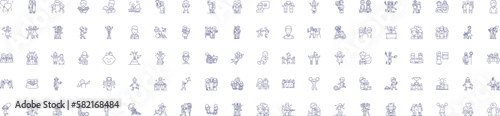 Happy people line icons signs set. Design collection of Cheerful, Joyful, Grinning, Content, Gleeful, Carefree, Mirthful, Blissful outline concept vector illustrations