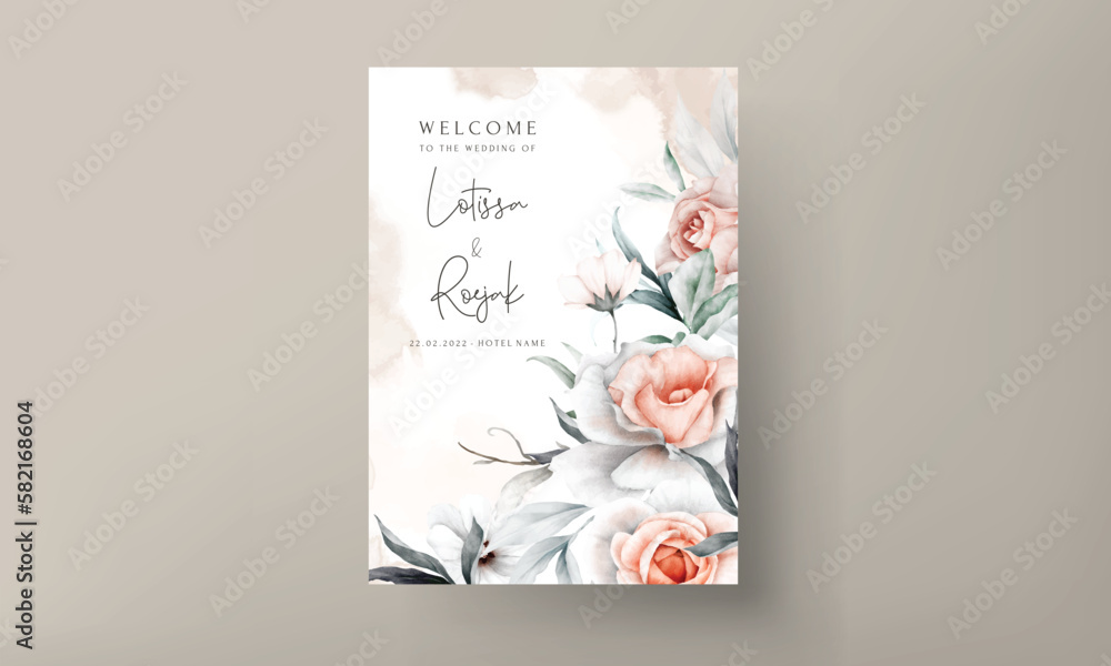 elegant vintage peach flower and grey floral wedding invitation card