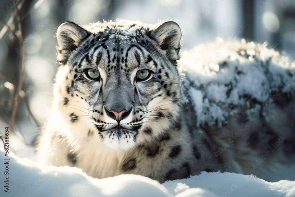 Snow leopard in winter. Created with Generative AI technology. Snow leopard in winter. Created with Generative AI technology.
