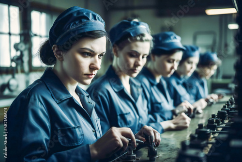 Female factory workers at a generic workplace. Created with Generative AI technology.