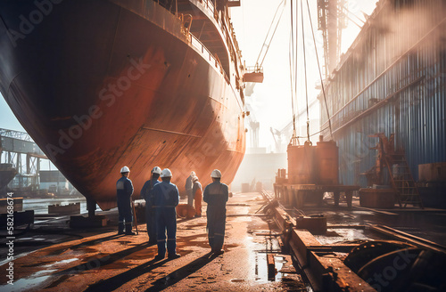 Photo Shipyard workers with a ship under construction in background