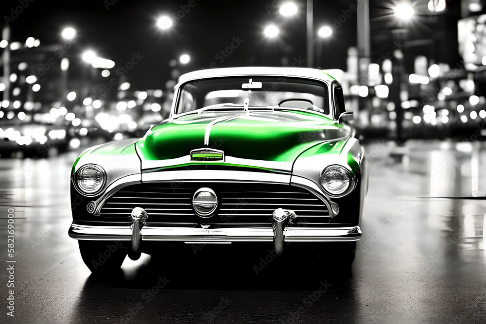 Fototapeta premium AI generated image of green classic car on black and white background, film noir style.