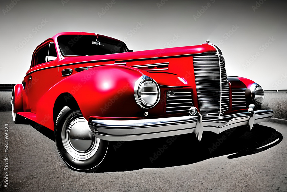 AI generated image of red classic car on black and white background, film noir style.