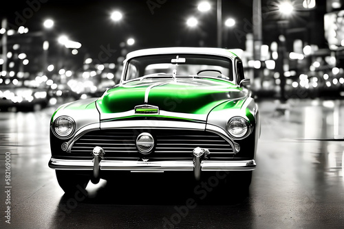 AI generated image of green classic car on black and white background, film noir style. © hmzphotostory