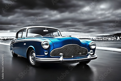 AI generated image of blue classic car on black and white background, film noir style. © hmzphotostory