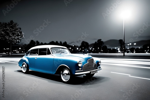 AI generated image of blue classic car on black and white background, film noir style. © hmzphotostory