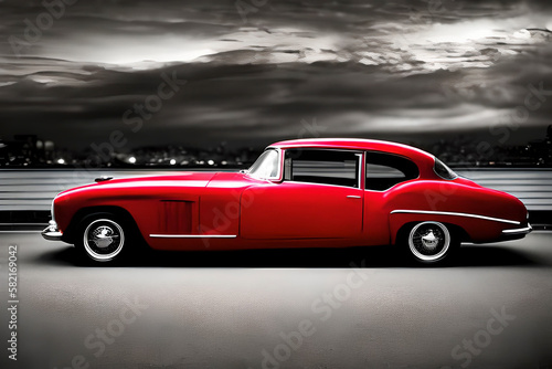 AI generated image of red classic car on black and white background  film noir style.