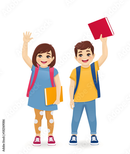 Smiling school boy and girl kids with backpacks books waving hands isolated vector illustration