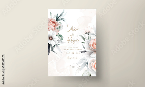 elegant vintage peach flower and grey floral wedding invitation card