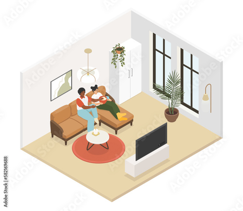 Watch TV in the living room - vector colorful isometric illustration
