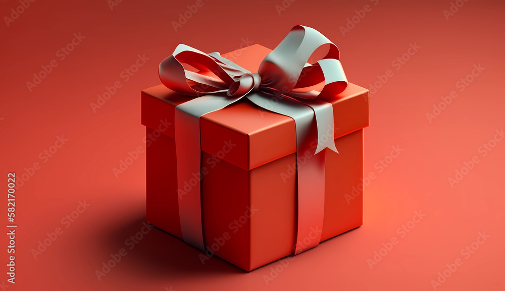Obraz premium Red gift box with a ribbon, on a red background. The concept of sales, discounts and shopping