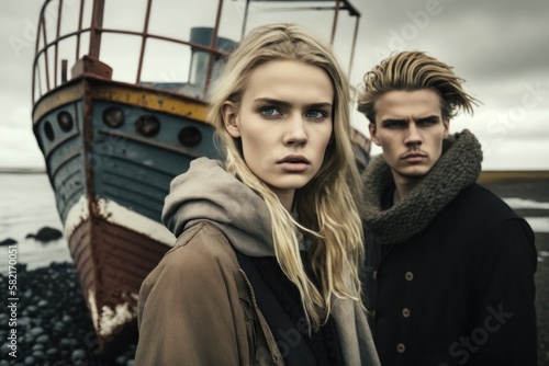 Young stylish couple wearing trendy coat posing outdoors on Iceland or Norway scandinavian landscape. Generative AI © GVS