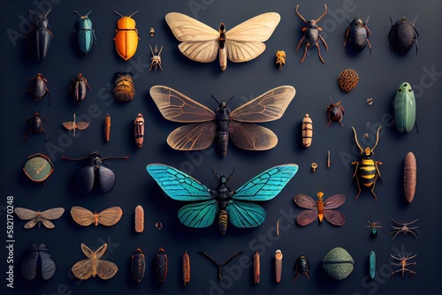 Foto Set of various insects on a dark background. generative AI.