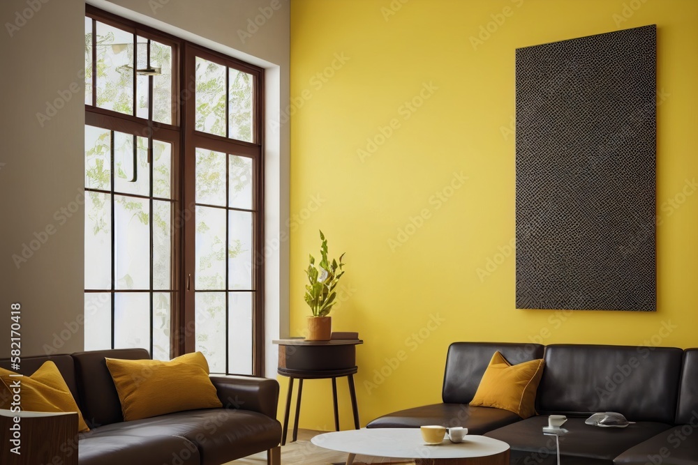 Fototapeta premium Bright modern room with yellow interior background. Generative AI