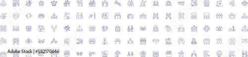 Meeting line icons signs set. Design collection of Gathering, Conclave, Conference, Reunion, Forum, Dialogue, Congress, Colloquium outline concept vector illustrations