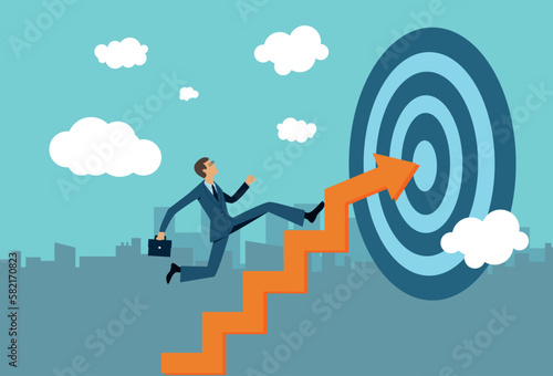 illustration vectorielle montrant un homme d'affaire qui monte un escalier en direction d'une cible. Concept de projet, d'objectif à atteindre