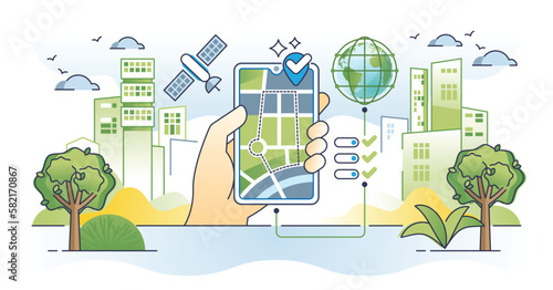 Geofencing technology as focused area marketing notifications outline concept. Location services with GPS satellite signal for smartphone ads vector illustration. Geo fencing online communication.