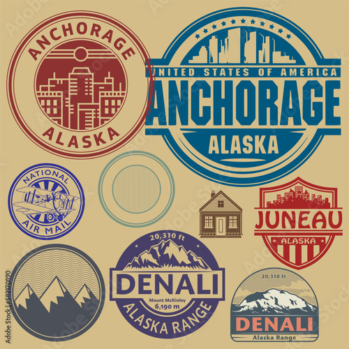Abstract stamps or emblems set with the Alaska name, vector illustration