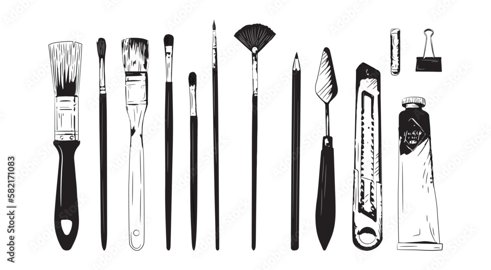 Sketch art tools. Brush paints. Artist or painter creation collection