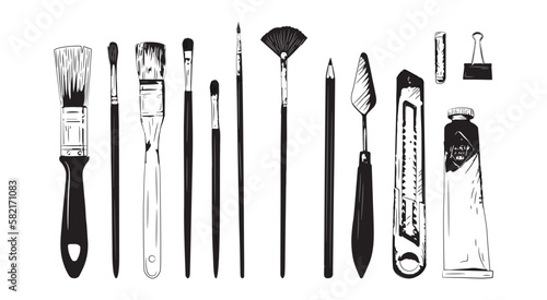Sketch art tools. Brush paints. Artist or painter creation collection for monochrome school works. Palette and pencil. Black paintbrush. Slate chalk. Vector stationery tidy clipart set