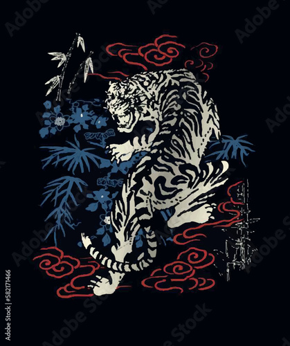 Wild cat print design that you can use in your designs for t shirts, sweatshirts, posters etc, vector illustration. big cats, tiger with black background