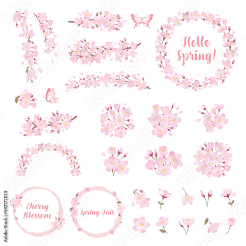 桜の花のイラストセット、ワンポイント、装飾、デザインパーツ