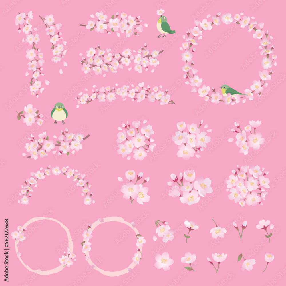 桜の花のイラストセット、ワンポイント、装飾、デザインパーツ