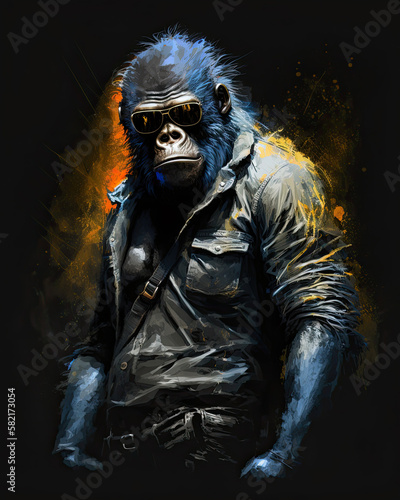 Gorilla male with sunglasses and shirt on dark background. Oil painting style. Generative ai.
