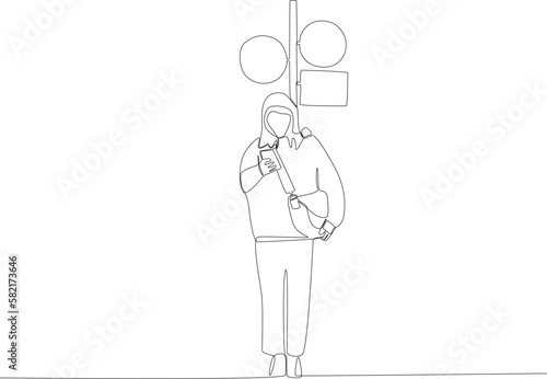 A woman standing at a traffic light. Public transport one-line drawing