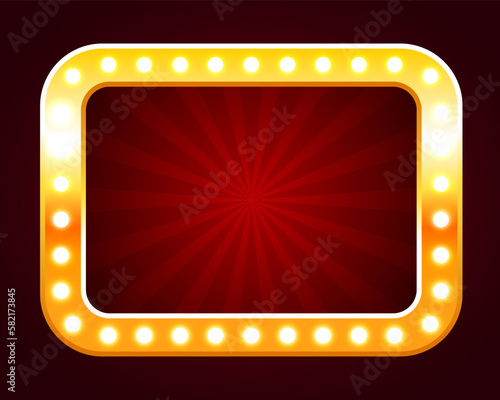 Background for the casino. Red blank background in a golden frame with yellow light bulbs. Vector illustration.