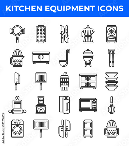 Kitchen equipment line icon. Related to bowl, coffee, knife, mixer, oven, stove. Editable stroke. Vector illustration